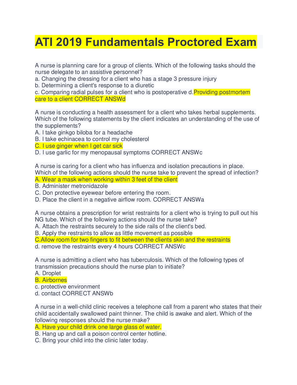 Preview image of ATI 2019 Fundamentals Proctored Exam document